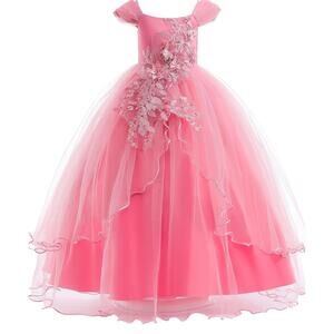 Princess Pink floral applique tulle dress girls 4T-5T Aurora vibes wedding party